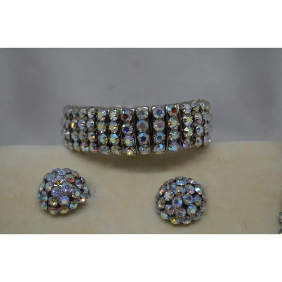 Aurora Borealis Necklace Earrings Bracelet Set 1960s Semicircle Ball Charms  Vtg - Picture 6 of 12